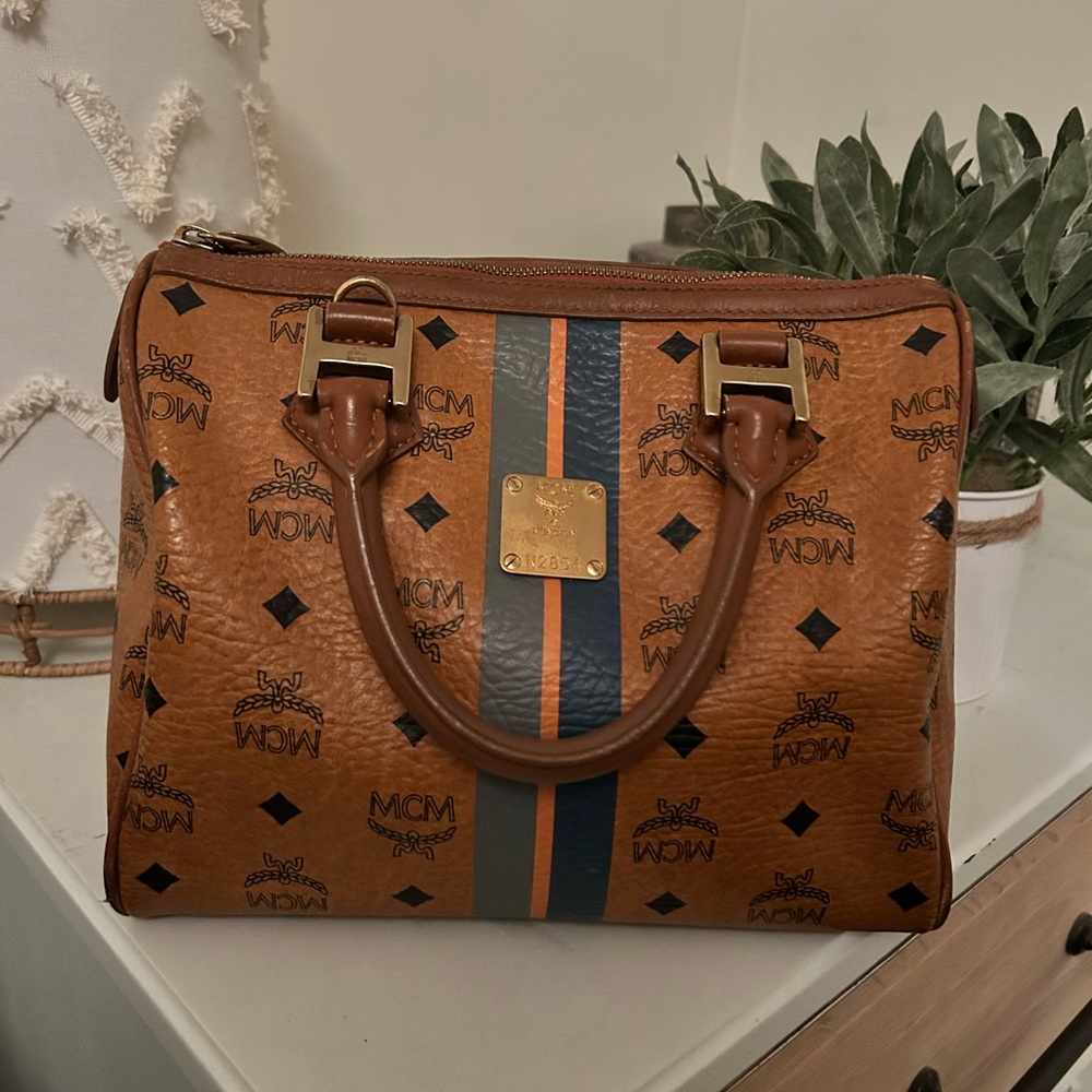 MCM Cognac and Blue Visetos Tote